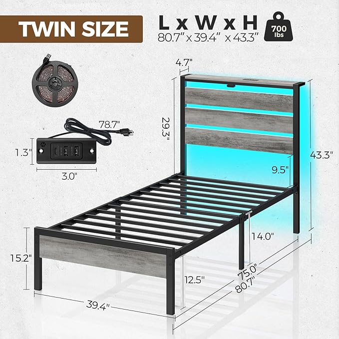 Rolanstar Bed Frame Twin Size with USB Charging Station, LED Bed Frame with Wood Storage Headboard, Light Grey Metal Platform Bed with Under Bed Storage, No Box Spring Needed, Noise Free