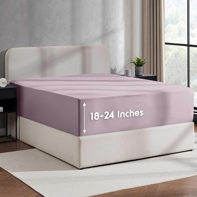 Nestl Grayish Purple California King Fitted Sheet Extra Deep Pocket, Hotel Luxury Cal King Fitted Sheet Only Easily Fits 18 to 24 Inch Mattress, Super Soft, Wrinkle-free, Breathable with Corner Straps