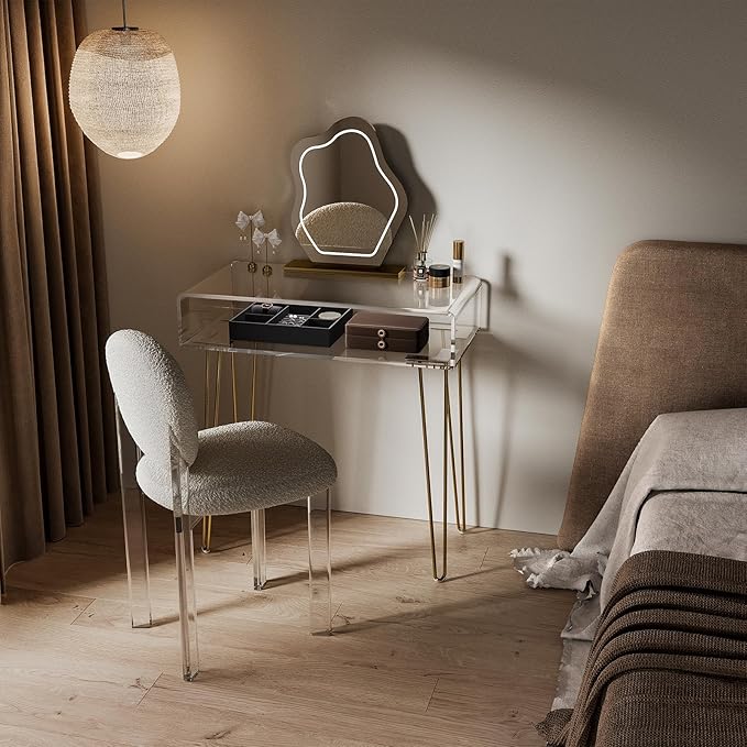 Eglaf Acrylic Vanity Desk - Small Makeup Vanity Table - Dressing Table for Bedroom, Dressing Room, Large Storage Space, 31.5'' L x 15.7'' W x 32.1'' H, Gold Metal Legs