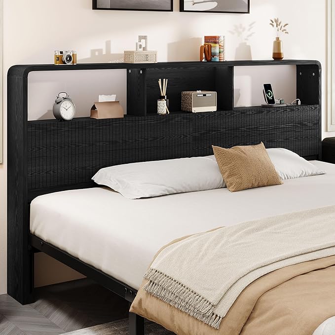 King Headboard Only, 78.7" Wide Wooden Headboard King Size with Storage, Modern Farmhouse Head Board with Outlets & USB Ports, Wall Mounted Headboards with Color-Changing LED, Black