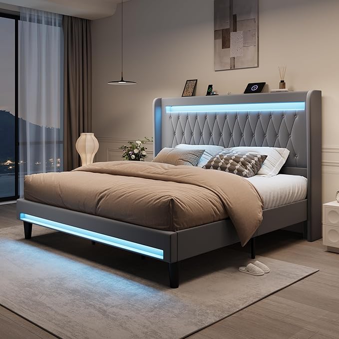 SHA CERLIN King Size LED Bed Frame with Charging Station, Velvet Upholstered Platform Bed with High Wingback Headboard, No Box Spring Needed, Easy Assembly, Grey