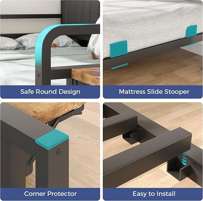 Jocoevol Twin Corner Bed Frame with Storage Drawers and LED Light, Heavy Duty Metal Daybed with Upholstered Storage Headboard & Charging Station, Twin Size Day Bed for Kids Teens Guests, Brown