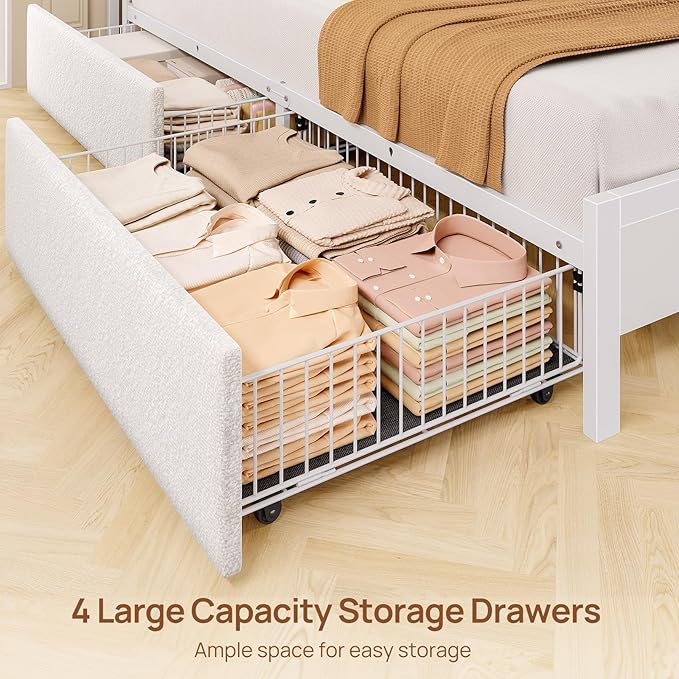 Rolanstar Bed Frame Queen Size with Charging Station and LED Lights, Upholstered Storage Headboard with Drawers, Heavy Duty Metal Slats, No Box Spring Needed, Noise Free, Easy Assembly, White