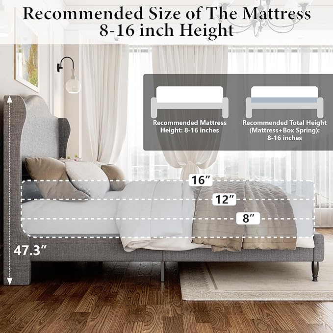 Queen Size Bed Frame with 50.4" Tall Wingback Headboard, Upholstered Platform Bed Frame with Arched Tufted Design, No Box Spring Needed, 1000lbs Heavy Duty Support, Easy Assembly, Light Grey