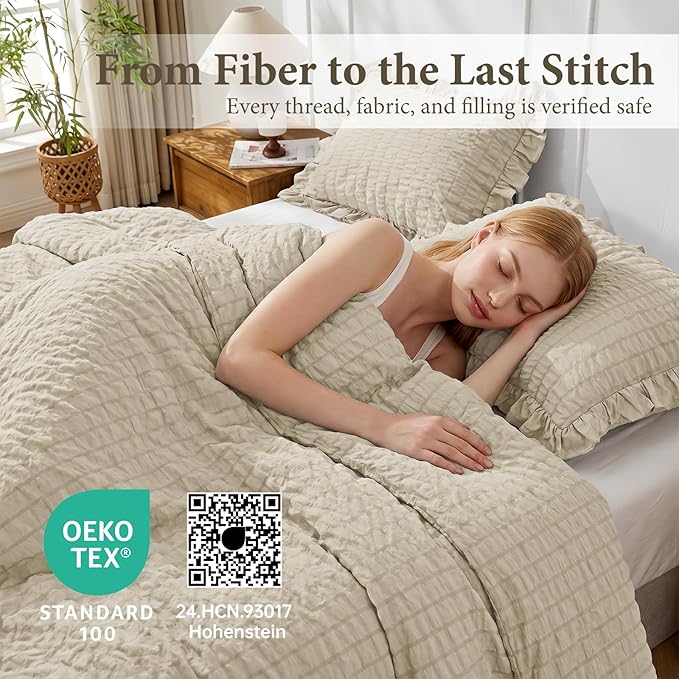 JOLLYVOGUE Twin Size Comforter Set, 2 Pieces Linen Seersucker Lightweight Fluffy Bedding Set, Twin Ruffle Comforter, All Season Soft Microfiber Shabby Chic Bed Set
