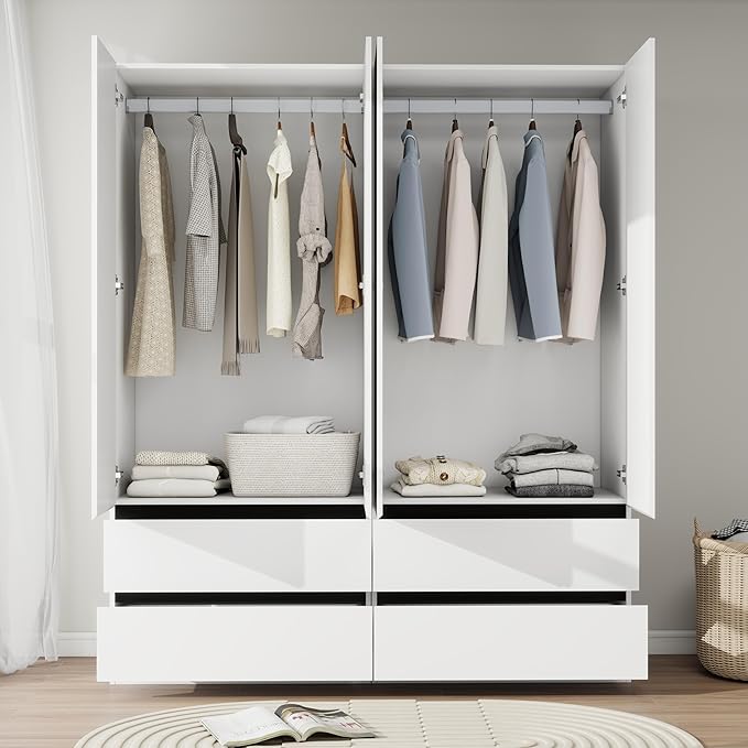 Armoire Wardrobe Closet with Drawers：75" Large White Wardrobe Closet Cabinet with 4 Doors for Hanging Clothes, Modern Wooden Bedroom Armoires with 4 Drawers and Storage (A+A, 63")