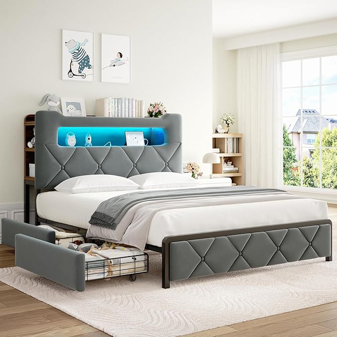 Jocoevol Full Upholstered LED Bed Frame with 2 Storage Drawers and 2-Tier Storage Headboard, Velvet Platform Bed with Charging Station & Bookcase, Heavy Duty Metal Support, No Box Spring Needed, Grey