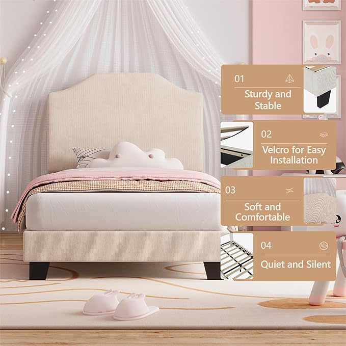 Twin Size Bed Frame, Corduroy Upholstered Platform Bed Frame with Adjustable Headboard, Mattress Foundation, Wooden Slats Support, No Box Spring Needed, Easy Assembly, Beige