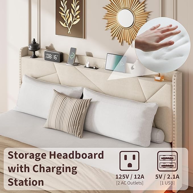 Garvee King Size Floating Bed Frame with RGB LED Lights and Charging Station, Upholstered Platform Bed with Storage Headboard and Button Tufted Design, No Box Spring Needed, Beige