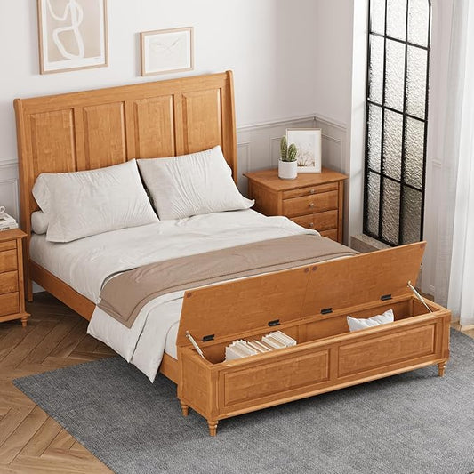 KEIKI Queen Size Platform Bed Frame with Storage Chest, Wooden Sleigh Bed with High Headboard and Footboard Storage Bench, Solid Wood Construction, No Box Spring Needed, Natural