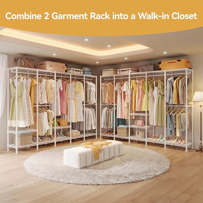 Higeego H5 Extra Large Heavy Duty Clothes Rack, Wire Garment Rack, Freestanding Clothing Rack for Hanging Clothes, Wardrobe Closet with Adjustable Shelf, 93.3" Wx15.7 Dx75.4 H, White, Load 1400 lbs