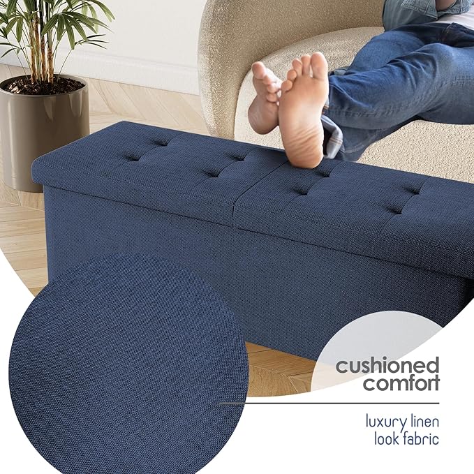 Storage Ottoman Bench with Bins, 43-in Storage Bench for Bedroom End of Bed, Folding Foot Rest Ottoman for Living Room Max 660lbs, Fabric Ottomans, Blue
