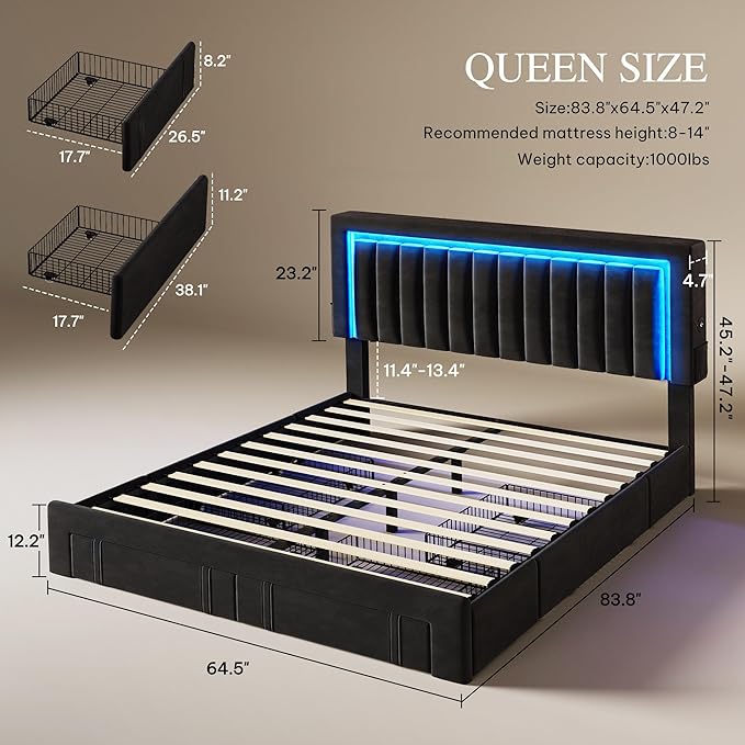 YITAHOME Queen Size Bed Frame with Adjustable Headboard, 4 Storage Drawers and RGB LED Lights, Velvet Upholstered Platform Bed with USB Ports, No Box Spring Needed, Fast Assembly, Noise-Free, Black
