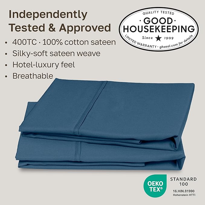 California Design Den King Size Pillowcase Set - 400 Thread Count, 100% Cotton Sateen, Set of 2 Pillow Covers, Soft and Breathable - Peacock Blue
