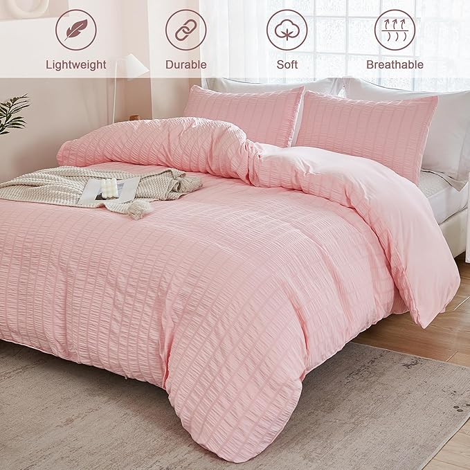 AveLom Blush Pink Seersucker Duvet Cover Set King Size (104 x 90 inches), 3 Pieces (1 Duvet Cover + 2 Pillow Cases), Ultra Soft Washed Microfiber, Textured Duvet Cover with Zipper Closure, Corner Ties