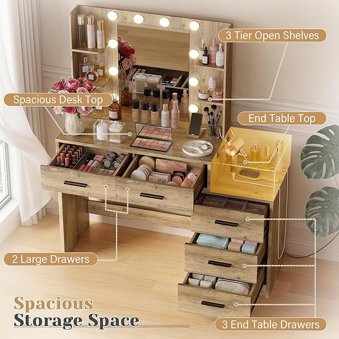 YESHOMY Makeup Vanity Desk with Mirror & Lights, Vanity Table with 5 Drawer, 6 Shelves, Charging Station for Bedroom, Dressing Room, Oak