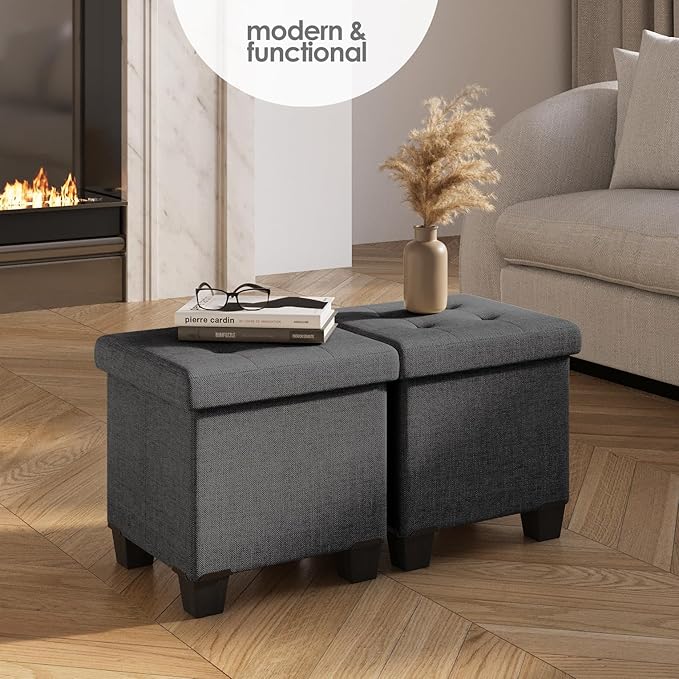 Storage Ottoman Cube with Small Bin, 15-in Square Ottoman with Storage for Living Room and Bedroom, Small Ottomans Foot Rest, Fabric Foot Stools Ottomans Max 330lbs, Grey