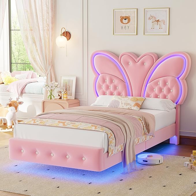 Keyluv Twin Bed Frame Butterfly-Pattern Upholstered Headboard, Modern Floating Bed with LED Lights Button Tufted on Headboard and Footboard, Slats Support No Box Spring Needed, Noise-Free, Pink