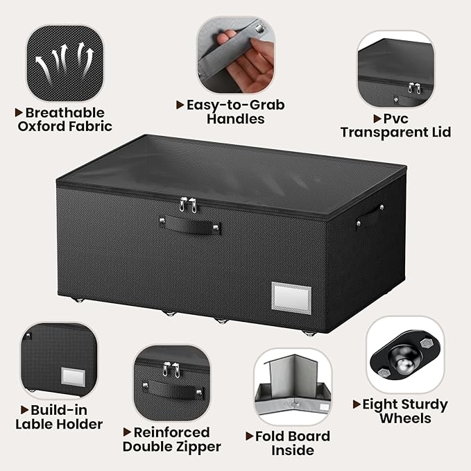 Dayacoco Under Bed Storage With Wheels,10 Inches Under Bed Storage Containers,65L Large Capacity,No Assembly Required Rolling Under Bed Storage for Clothes,Blankets,Shoes,Black
