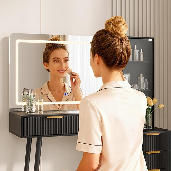 Garvee 48" Fluted Makeup Vanity Desk with Mirror and Lights, Glass Top Vanity Table with 5 Drawers, Open Shelf and Power Outlet, Modern Dressing Table for Bedroom and Living Room