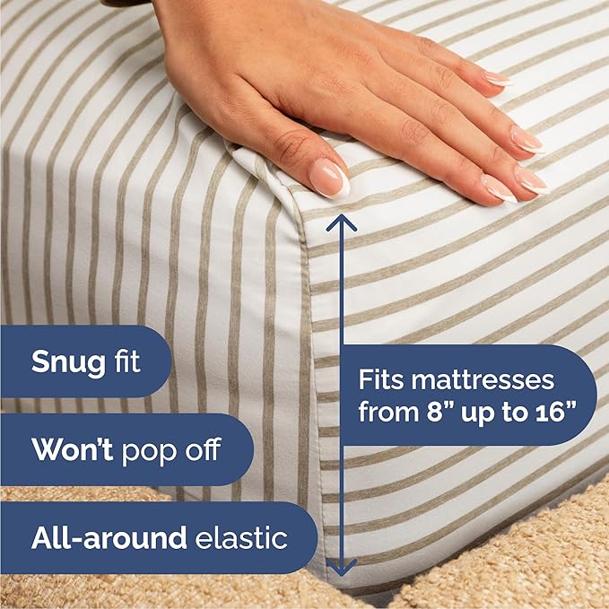 Cal King Size 4 Piece Sheet Set - Comfy Breathable & Cooling Sheets - Hotel Luxury Bed Sheets for Women & Men - Deep Pockets, Easy-Fit, Soft & Wrinkle Free Sheets - Beige Stripes Oeko-Tex Bed Sheets