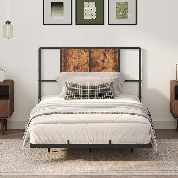 MAHANCRIS Twin Size Headboard Only, Metal Headboard with Adapters, Minimalist Industrial Style for Twin Size Beds, Rustic Brown and Black