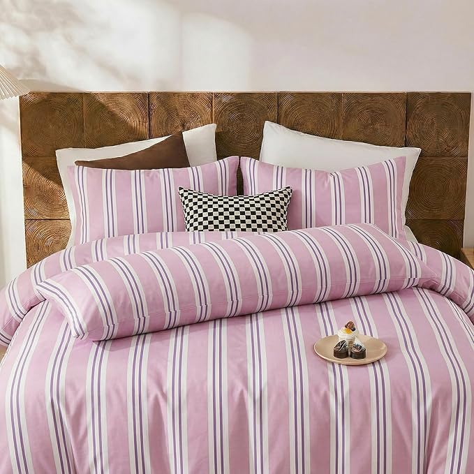 Merryword Standard Size Pillowcases, 100% Cotton Pillow Cases, Purple Striped Pillowcases, Soft Breathable Ribbon Stripe Pillow Covers, Set of 2