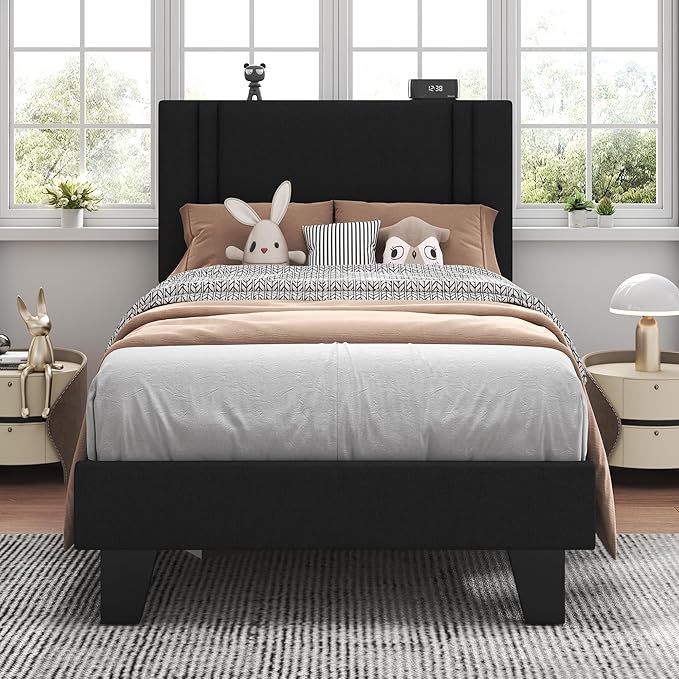 Feonase Twin Platform Bed Frame, Velvet Upholstered Twin Bed Frame, Solid Wood Slats & Heavy Duty Feet Support, No Box Spring Needed, Noise-Free, Easy Assembly, Black