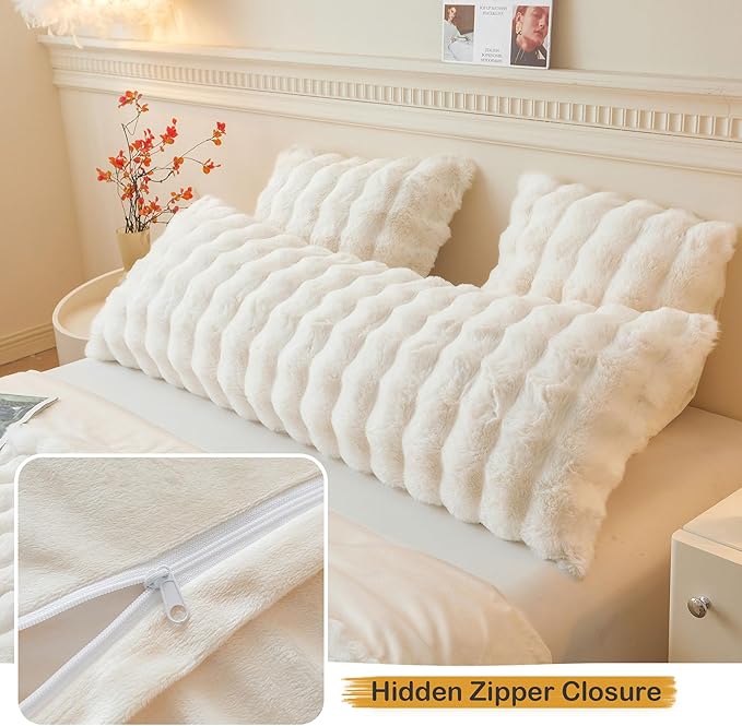 LIFEREVO Fluffy Faux Rabbit Fur Body Pillow Cover, Luxury Ivory Bubble Shaggy Plush Bed Body Pillowcase with Zipper Closure, Long 20"x54" Fuzzy Furry Pillow Case for Adults Kids Girls Teens, Beige