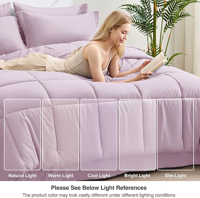 Love's cabin Twin XL Comforter Set Light Purple, 5 Pieces Twin XL Bed in a Bag, All Season Bedding Sets with 1 Comforter, 1 Flat Sheet, 1 Fitted Sheet, 1 Pillowcase and 1 Pillow Sham | Soft, Breathable, Lightweight, Comfortable