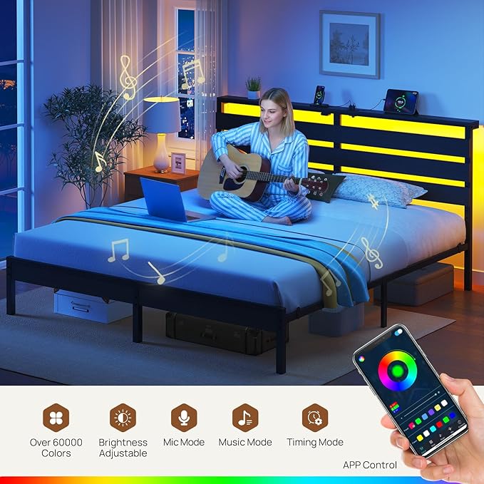 Rolanstar Bed Frame King Size with USB Charging Station, LED Bed Frame with Wood Storage Headboard, Black Metal Platform Bed with Under Bed Storage, No Box Spring Needed, Noise Free
