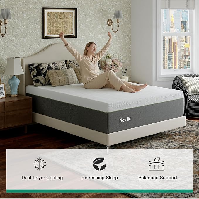 Novilla Bliss Green Tea Mattress Queen Size, 12 Inch Gel Queen Mattress Memory Foam in a Box for Hot Sleepers with Nylon Cover, Cool Comfort & Back Pain Relief & Motion Isolating with Certified Foam