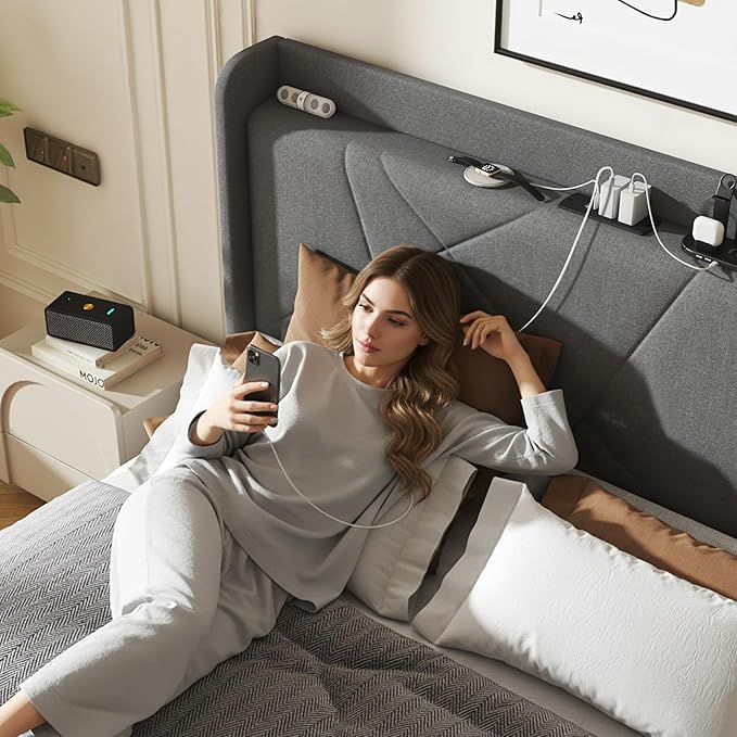 King Size Linen Bed Frame, Storage Headboard with Charging Station, Upholstered Platform Bed with Wooden Slats Support, Solid and Stable, Noise Free, No Box Spring Needed, Easy Assembly, Gray