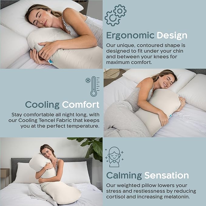 SleepCloud Weighted Body Pillow 8lbs - Weighted Pillow for Deeper Sleep (48" x 14") - Cooling Body Pillows for Adults, Side Sleeper Body Pillows with Cover (X-Large/Champagne)