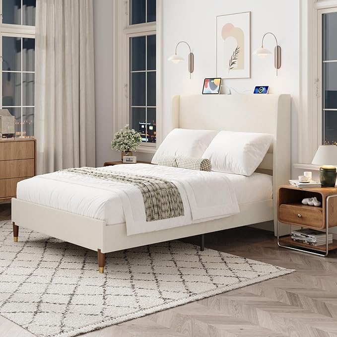 MALOL Full Size Bed Frame with Upholstered Headboard, Linen Fabric Platform Bed Frame with USB Charging Ports, No Box Spring Needed, Sturdy Metal Support, Noise Free, Modern Bedroom Furniture,White