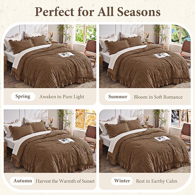 JOLLYVOGUE Queen Comforter Set, 3 Pieces Oak Brown Seersucker Comforters Queen Size, Lightweight & Fluffy Bedding Sets for All Season with 1 Ruffle Comforter and 2 Ruffle Pillowshams