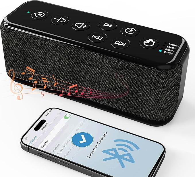 White Noise Sound Machine for Sleep with Bluetooth, 3000mAh Rechargeable, Up to 40 Hours Playtime, Timer, Front-Facing Stereo Sound, for Baby Adults Home Office Travel
