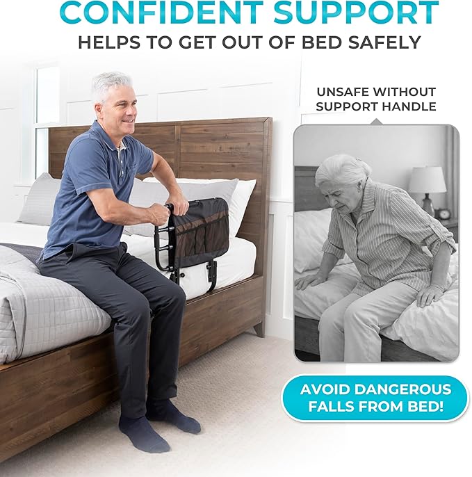 Stander EZ Adjust Bed Rail, Adjustable Senior Bedrail and Safety Assist Railing for Elderly Adults with Organizer Pouch, ASTM Safety Approved Guard-Rail, Black