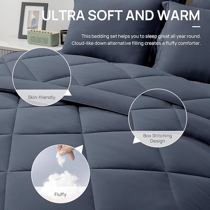 Love's cabin King Size Comforter Set Navy Blue, 7 Pieces King Bed in a Bag, All Season Bedding Sets with 1 Comforter, 1 Flat Sheet, 1 Fitted Sheet, 2 Pillowcase and 2 Pillow Sham | Soft, Breathable, Lightweight, Comfortable