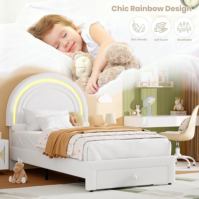 GarveeHome Twin Upholstered LED Bed Frame - with Storage Drawer and Rainbow Headboard, Berber Fleece Princess Platform Bed for Kids, Solid Wood Slat Support, No Box Spring Needed, Easy Assembly, White