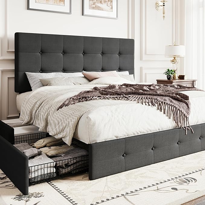 SHA CERLIN Upholstered Queen Size Platform Bed Frame with 4 Storage Drawers, Adjustable Headboard with Square Stitched Button Tufted Design, Wooden Slat Support, No Box Spring Needed, Dark Grey