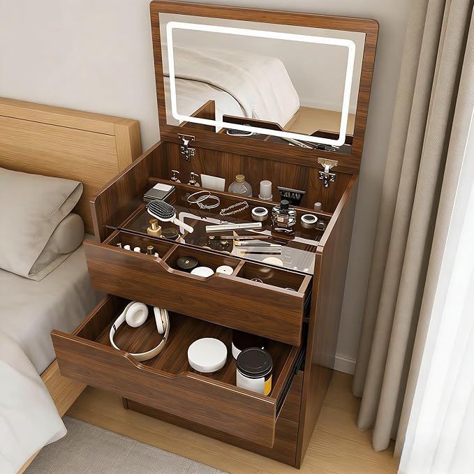 Casaphoria Vanity Desk with Mirror and Lights, 3-in-1 Flip Top Makeup Vanity Table with Stool and Storage, Compact Dressing Table for Small Space, Walnut Finish (23.62 Inch)