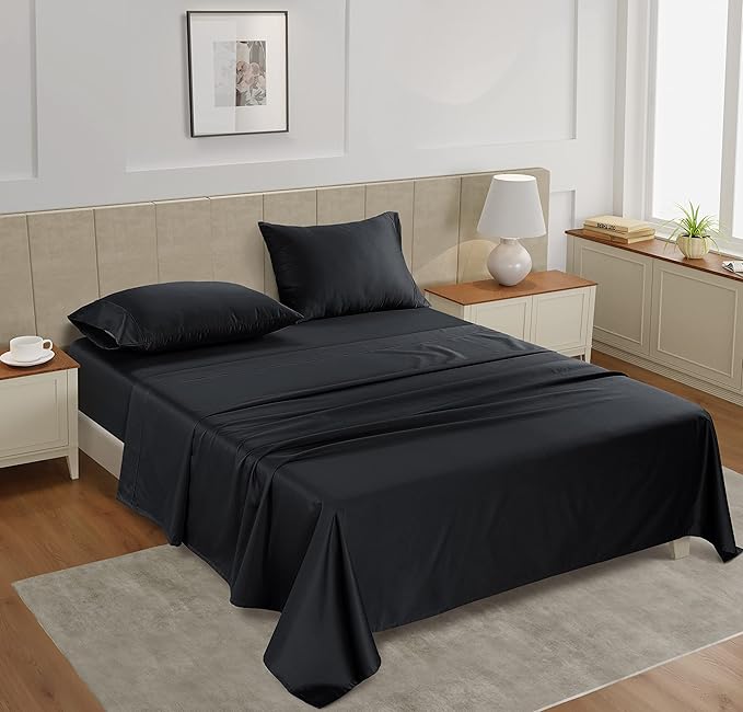 LANE LINEN Cali King Sheet Set - 450 Thread Count Premium Sateen Weave for Silky Feel On Skin - Cooling Sheets for Deep Sleep - Securely Fits Mattresses Upto 15'' Deep - Oeko Tex Certified - Black