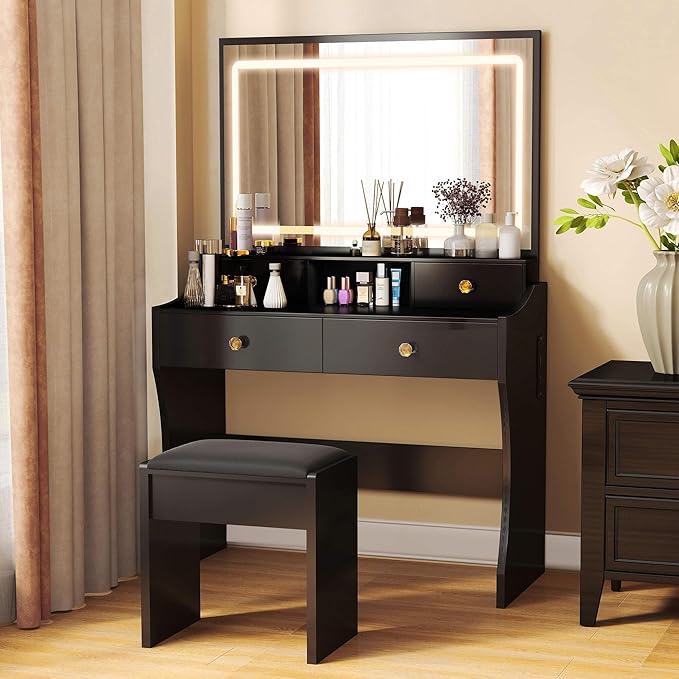COMHOMA Vanity Desk with LED Lights Mirror & Power Outlet, Small Makeup Vanity Table Set with 5 Storage Drawers, 3 Lighting Modes & Adjustable Brightness, Dressing Table for Women Girls Bedroom, Black