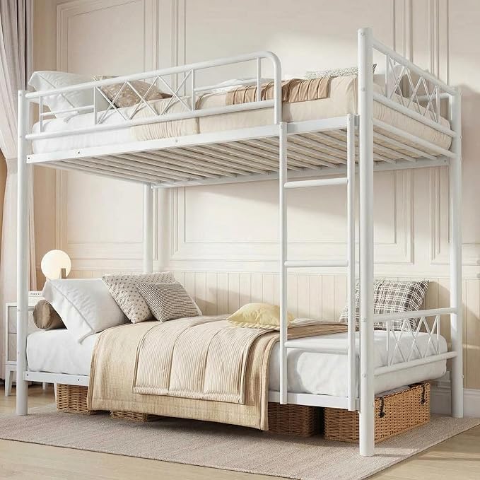 Garvee Twin Over Twin Bunk Bed with Stairs, Heavy Duty Metal Construction & High Guardrail, Sturdy Steel Slats Support, No Box Spring, Space Efficient, White