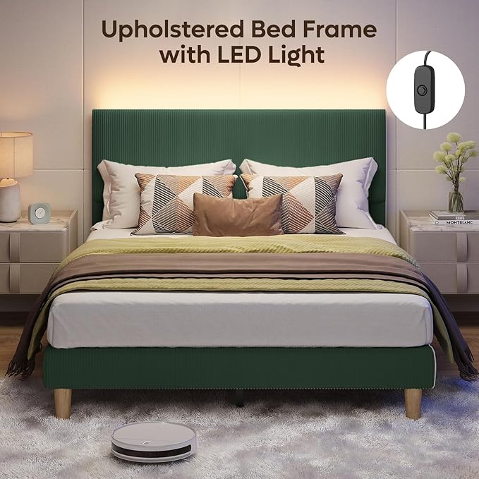 Bestier Queen Bed Frame with Headboard,Platform Queen Size Bed Frame with LED Lighting,Bed Frame Wooden Slats Support,No Box Spring Needed,Never Squeaks, Easy Assembly,Green