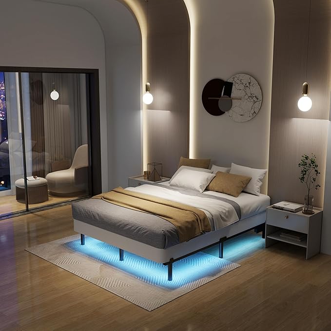 Queen Bed Frame LED Lights Platform Bed Frame Queen Size for Box Spring Mattress Foundation,7 Inch 9 Legs Strong Support Basics Bed Base with Charging Station,Heavy Duty,Noisy Free (7 Inch, Queen)