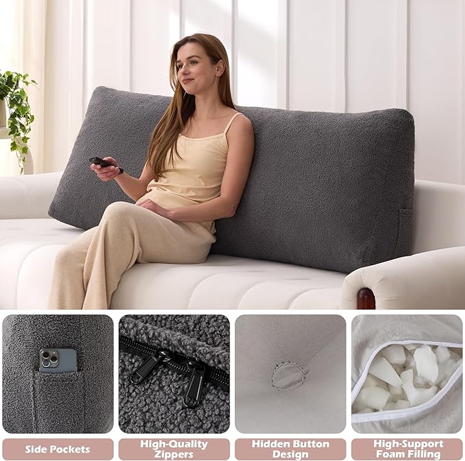 Headboard Pillow King, Triangle Bed Wedge Pillow for Headboard, Backrest Pillow for Sitting up, Reading, Working, Headboard Daybed Pillow with Removable Cover for Bed, Dorm Sofa, Dark Grey