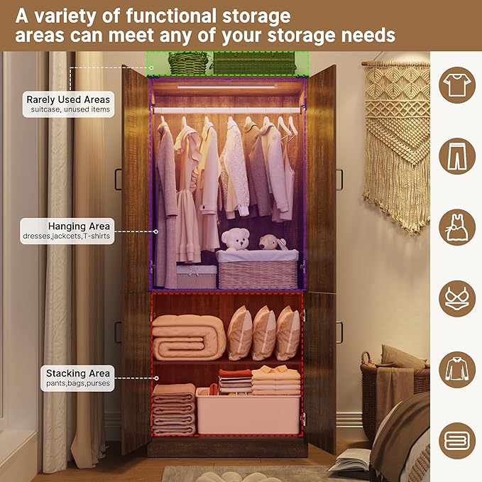 Hlivelood 75" Tall Farmhouse 2 Doors Armoire Wardrobe Closet with LED,Freestanding Closet Wardrobe Cabinet for Bedroom with Hanging Rod,Wooden Armoire Storage Cabinet with Adjustable Shelves(Brown)