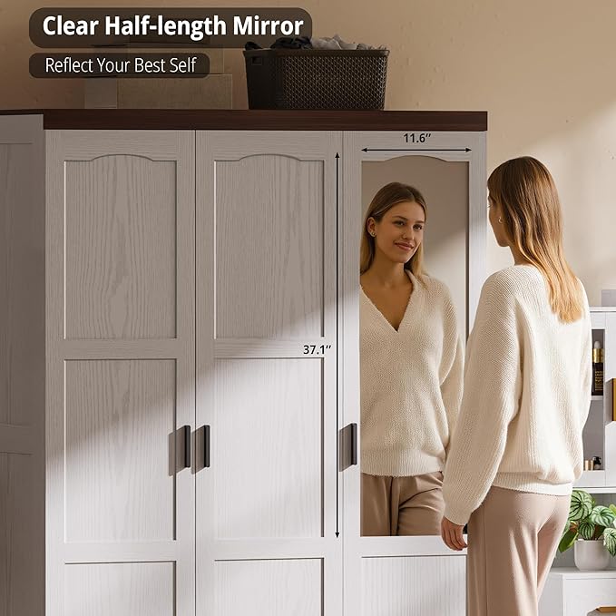 ANCTOR 3 Door Armoire Wardrobe Closet with Mirror, Large Wardrobe Closet with Doors, White Armoire for Bedroom with Hanging Rods & Shelves for Long Clothing, Short Clothing and Stacking, Modern